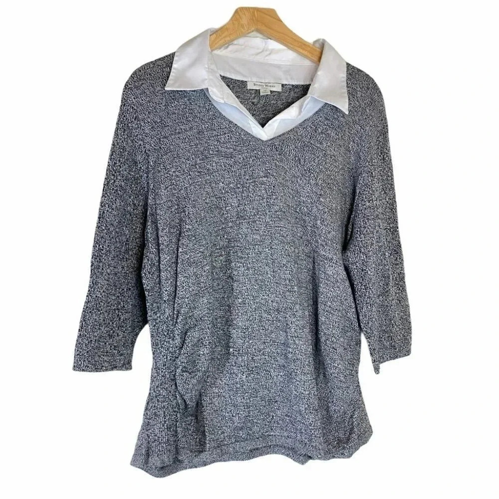Studio‎ Works Sweater 2X Gray Layered Look Collared V-Neck Ruched 3/4 Sleeve